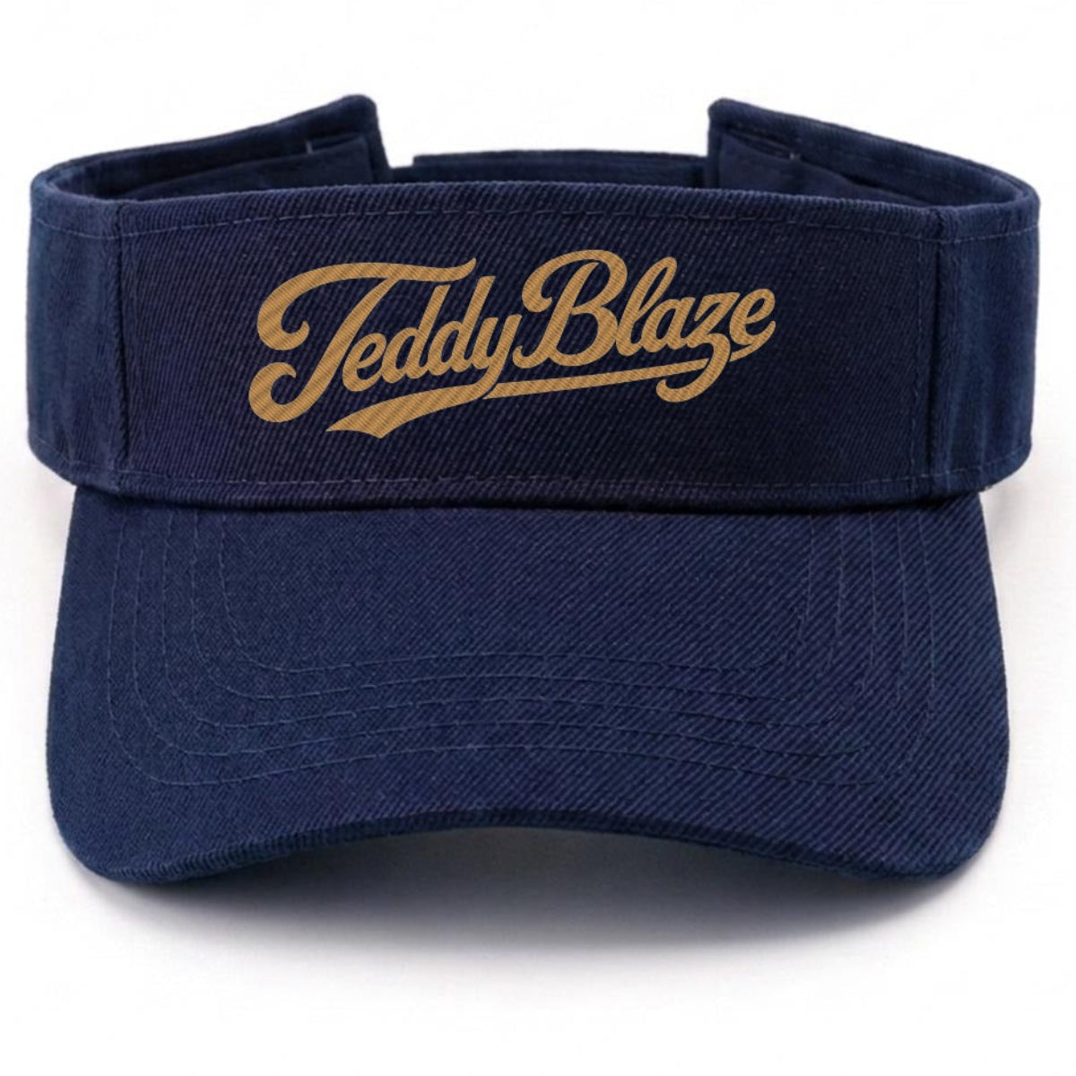 Shop the Teddy Blaze Signature Sun Visor, a navy open-top visor finished with gold Teddy Blaze script embroidery for elevated everyday and resort styling.