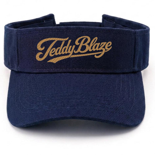 Shop the Teddy Blaze Signature Sun Visor, a navy open-top visor finished with gold Teddy Blaze script embroidery for elevated everyday and resort styling.