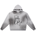 A light gray distressed hoodie with a black 'Teddy Blaze' script graphic on the front, displayed against a solid white background.