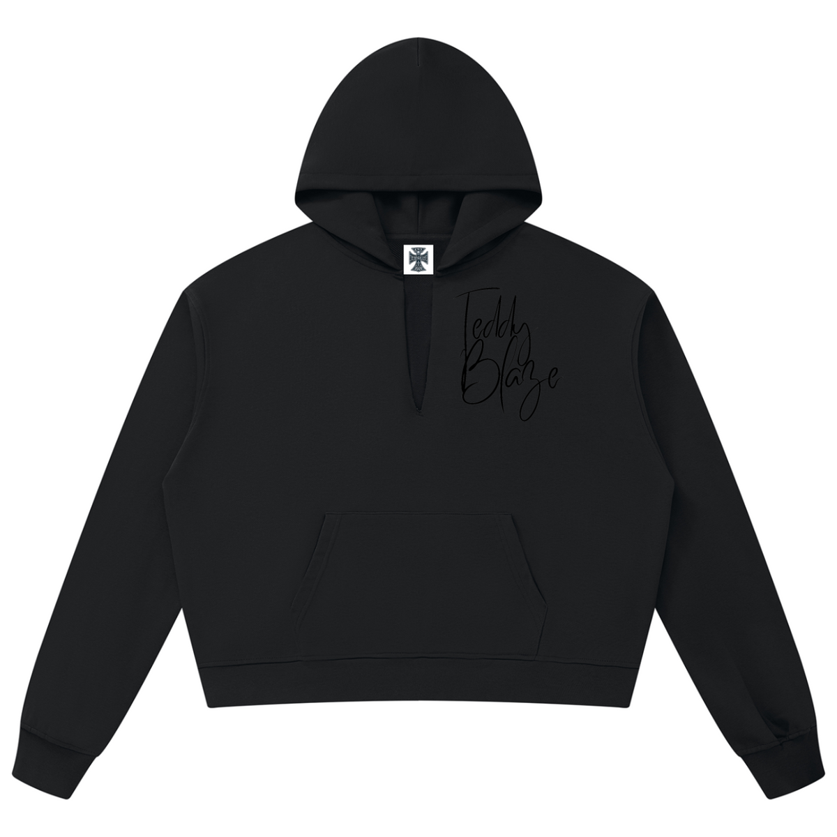 Elevate your casual outerwear with the House of Teddy Blaze Signature V-Neck Box Cut Raw Edge Hoodie. Black 360 gsm fleece, notched V-neck hood collar, raw edge details, and tonal script logo. Shop NYC to Vegas style.