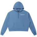 Shop the Signature V-Neck Boxy Raw Edge Hooded Jumper by Teddy Blaze. 360 GSM slate blue heavy fleece hoodie featuring a slit V-neck cut from THE BLAZE MAN.