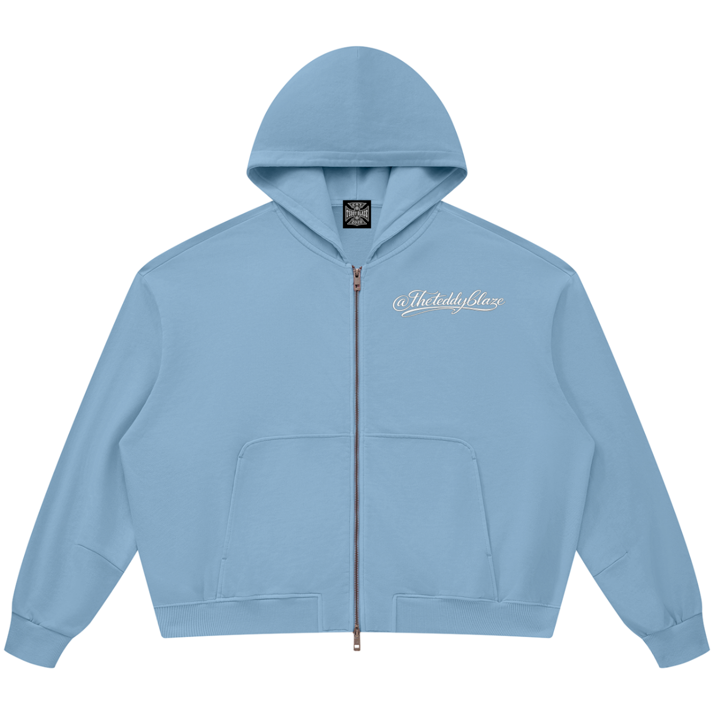 Shop the Signature Vintage Wash Boxy Zip Hoodie by Teddy Blaze. 360 GSM slate blue cotton zip hoodie featuring white script branding from THE BLAZE MAN.