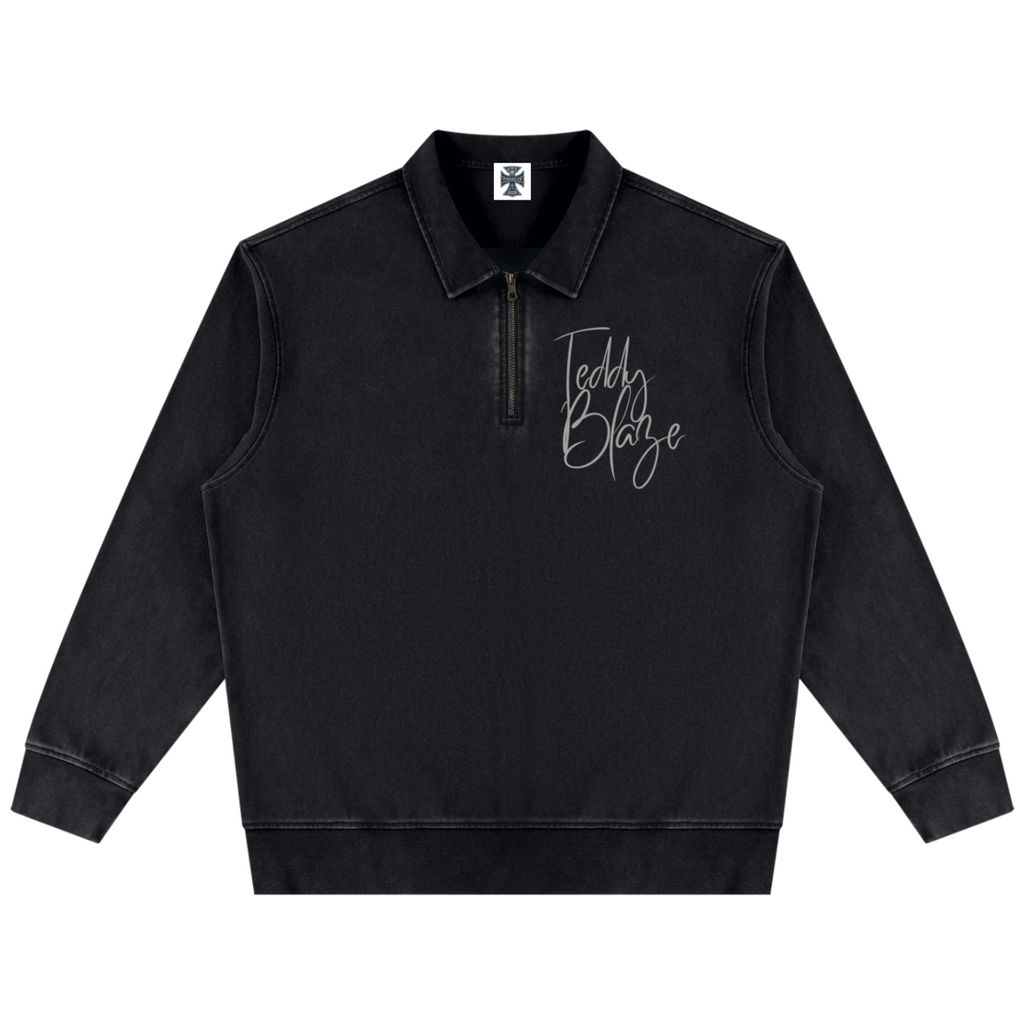 Elevate your casual layering with the House of Teddy Blaze Signature Vintage Wash Cotton Quarter-Zip. Mineral washed-black cotton fleece, lapel collar, quarter zip, and script logo print. Shop NYC to Vegas style.
