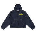 Shop the Signature Vintage Wash Trucker Hoodie by Teddy Blaze. Heavyweight 425 gsm indigo denim zip hoodie featuring yellow script branding and trucker jacket seam details.