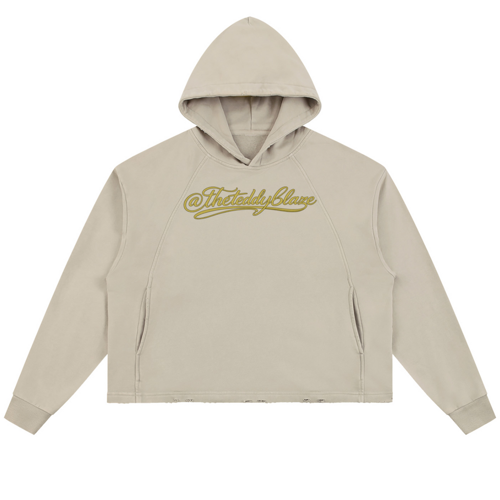 Shop the Signature Vintage Washed Frayed-Hem Hooded Jumper by Teddy Blaze. Heavyweight sand fleece hoodie featuring gold script branding from THE BLAZE MAN.