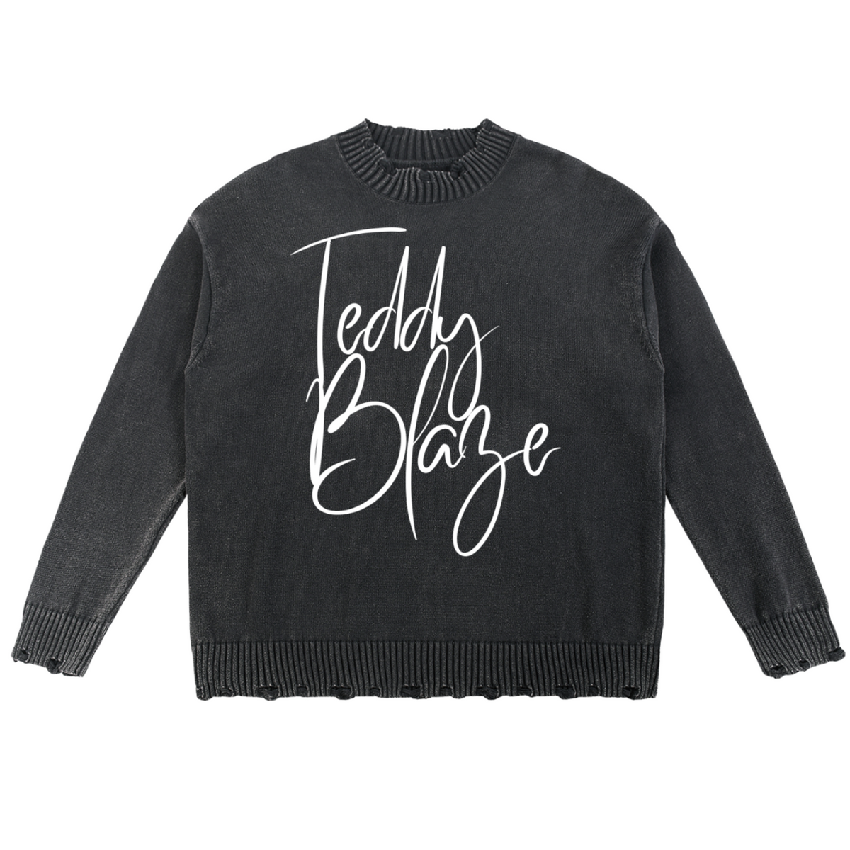 Elevate your knitwear with the House of Teddy Blaze Signature Vintage Washed Hand-Frayed Cotton Sweater. Charcoal cotton knit, hand-frayed trim, and script logo chest graphic. Shop NYC to Vegas style.
