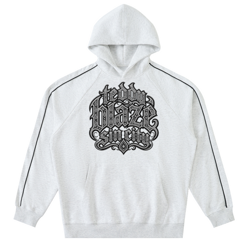 Elevate your cool-weather layers with the Teddy Blaze Sin City Contrast Piping Raglan Hoodie. Oatmeal fleece, contrast piping, Sin City front print, and tattoo back graphic. Shop NYC to Vegas style.