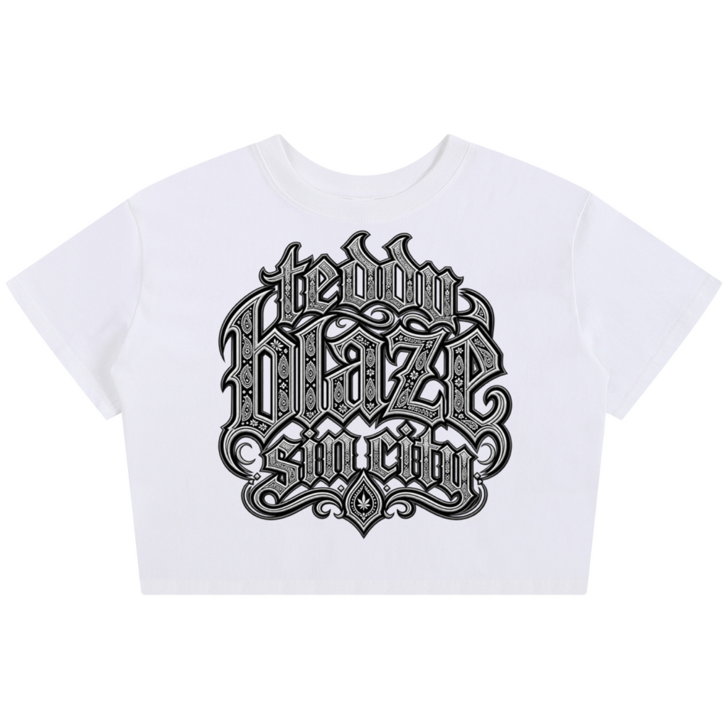 Teddy Blaze, Sin City cotton baby tee, white cropped tee, graphic baby tee, House of Teddy Blaze, Las Vegas streetwear, Black Dandy refinement, tattoo script top, NYC style Las Vegas living, womens cropped cotton shirt