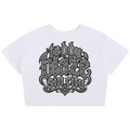 Teddy Blaze, Sin City cotton baby tee, white cropped tee, graphic baby tee, House of Teddy Blaze, Las Vegas streetwear, Black Dandy refinement, tattoo script top, NYC style Las Vegas living, womens cropped cotton shirt