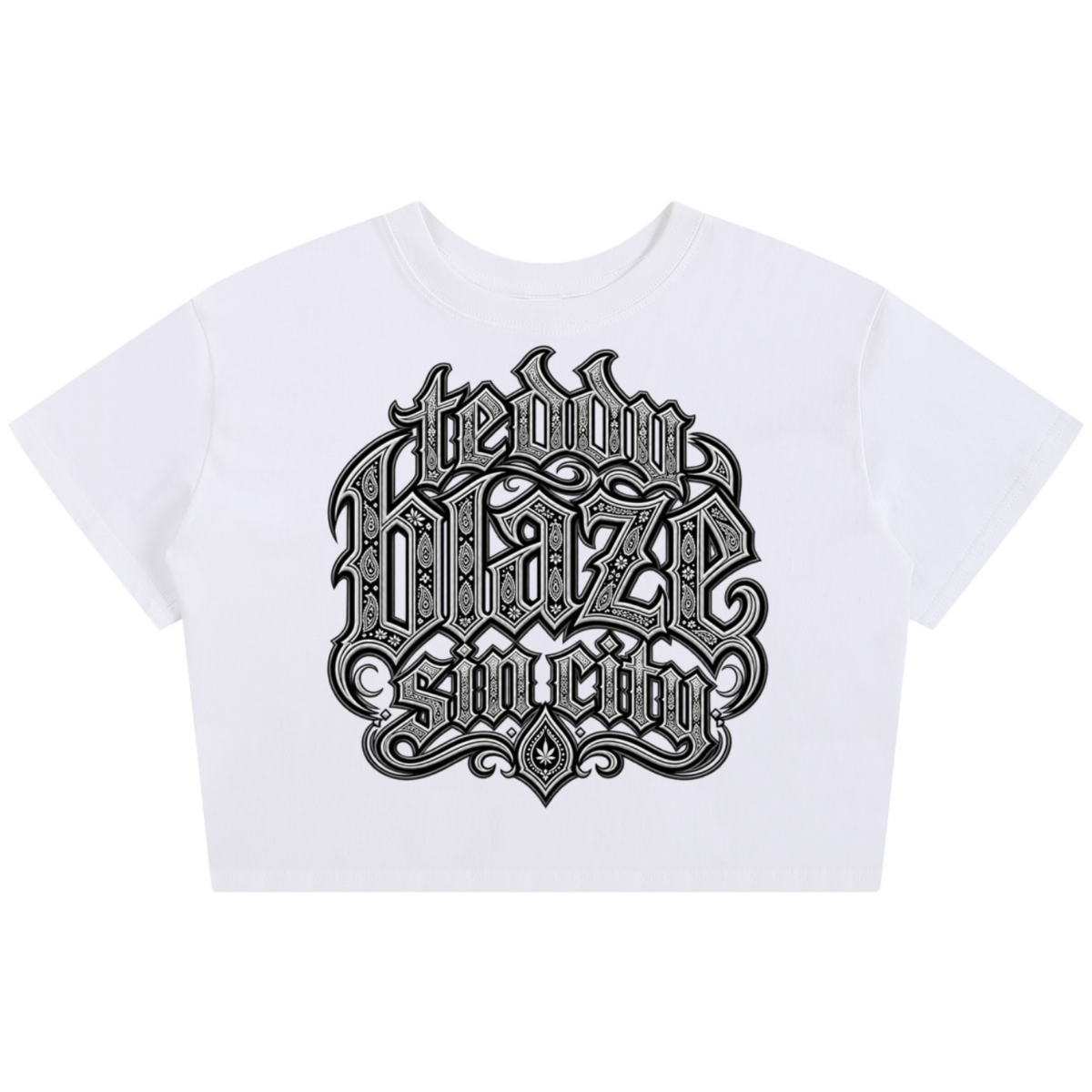 Teddy Blaze, Sin City cotton baby tee, white cropped tee, graphic baby tee, House of Teddy Blaze, Las Vegas streetwear, Black Dandy refinement, tattoo script top, NYC style Las Vegas living, womens cropped cotton shirt