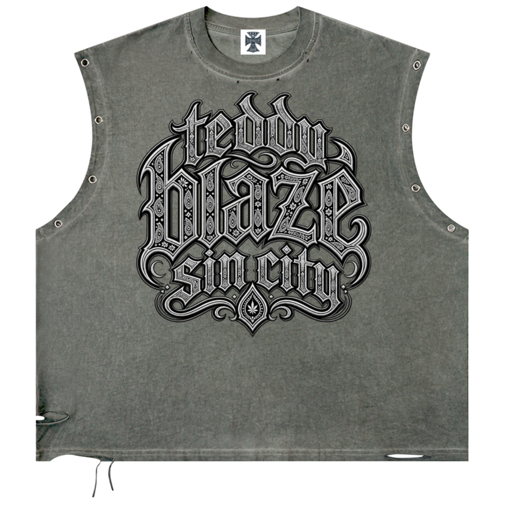 Elevate your sleeveless style with the Teddy Blaze Sin City Distressed Grommet Eyelet Cotton Tank. Wash olive cotton, metal eyelet trim, distressed details, and tattoo back print. Shop NYC to Vegas style.