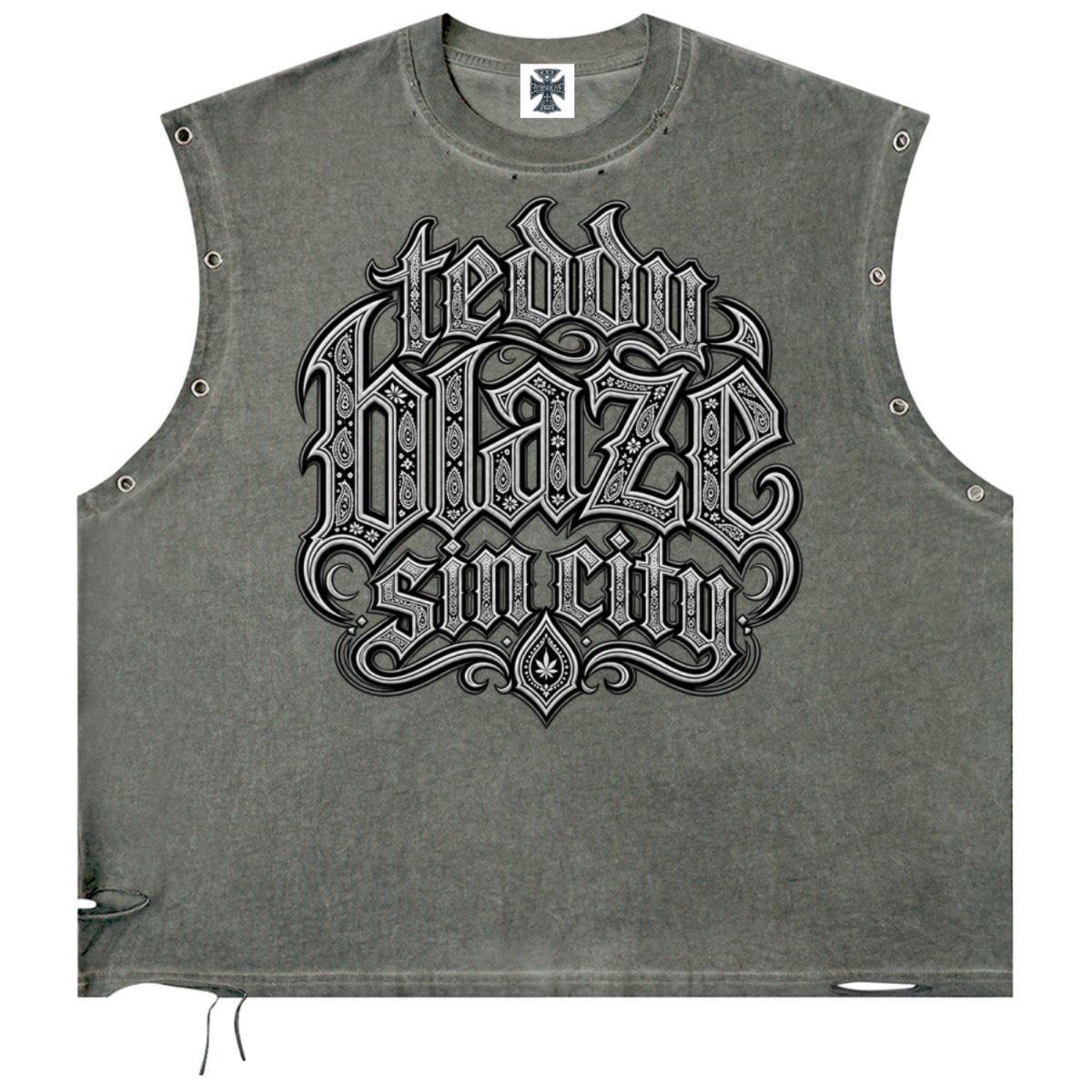 Elevate your sleeveless style with the Teddy Blaze Sin City Distressed Grommet Eyelet Cotton Tank. Wash olive cotton, metal eyelet trim, distressed details, and tattoo back print. Shop NYC to Vegas style.