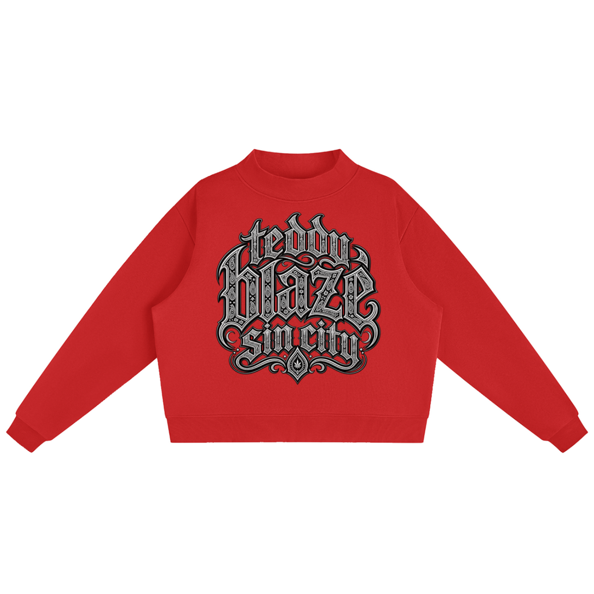 Elevate your cold-weather layers with the Teddy Blaze Sin City Fleece Mock-Neck Jumper. Red heavy fleece, ribbed mock neck, and ornate Sin City logo chest print. Shop NYC to Vegas style.