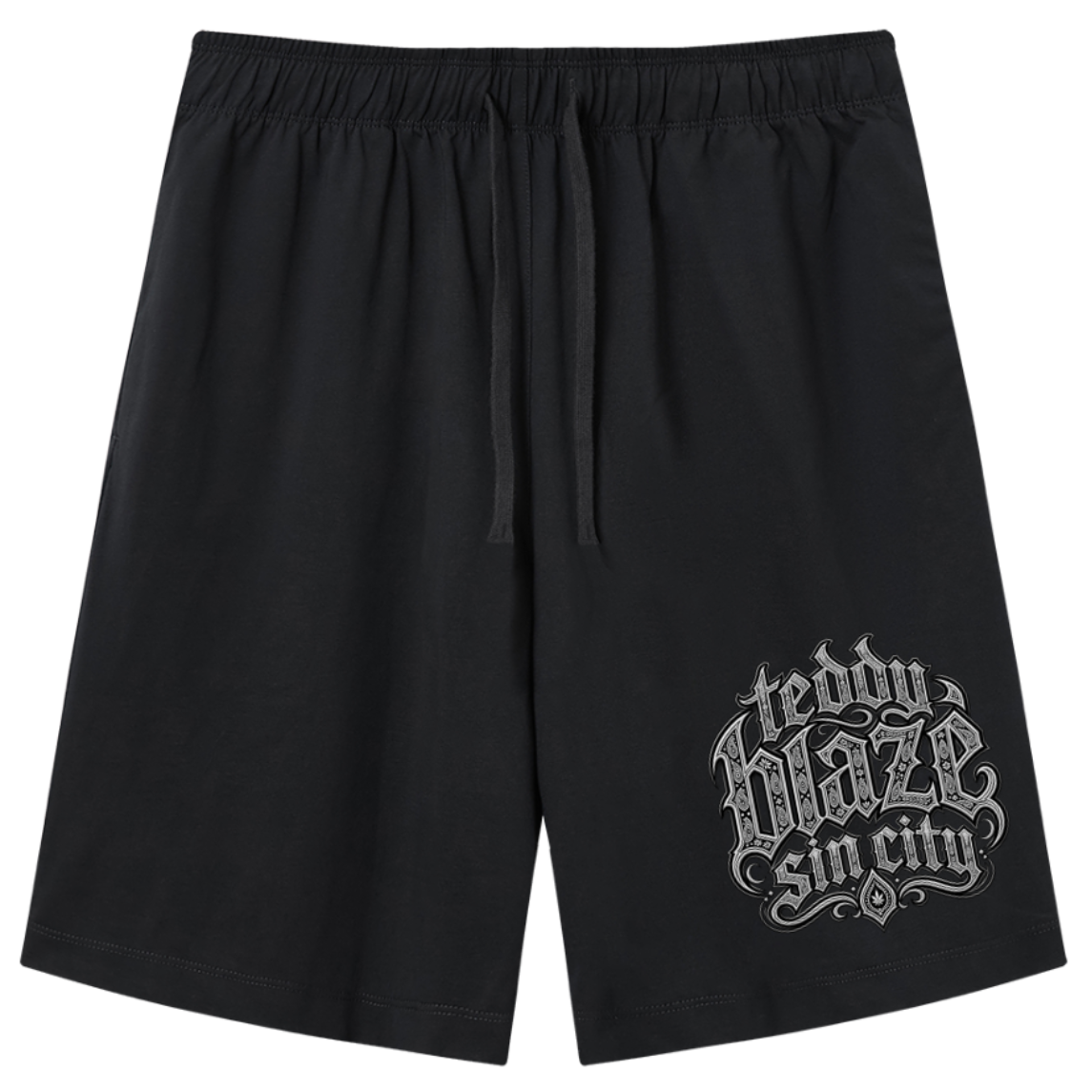 Elevate your resort wardrobe with the Teddy Blaze Sin City Lightweight Drawstring Shorts. Black cotton-blend shorts, adjustable drawstring, and ornate Sin City tattoo graphic. Shop NYC to Vegas style.