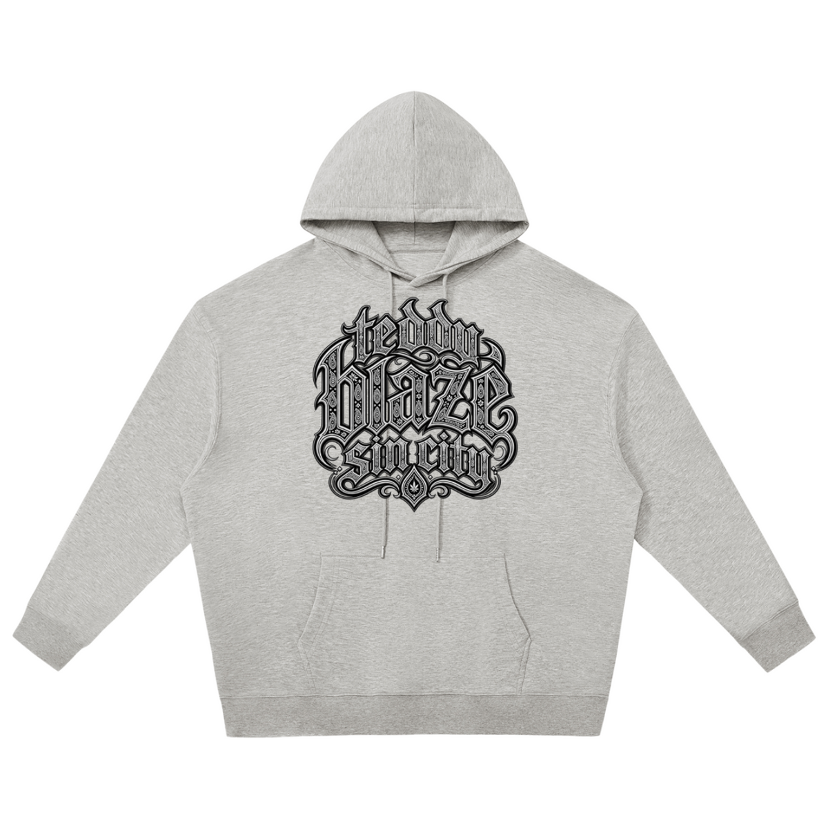 Elevate your cool-weather layers with the Teddy Blaze Sin City Relaxed Pullover Hoodie. Heather gray fleece hoodie with Sin City front print and tattoo praying hands back graphic. Shop NYC to Vegas style.