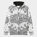 Elevate your active streetwear with the House of Teddy Blaze Sin City Sacred Bandana Scuba Pullover Hoodie. Smooth white scuba stretch fabric, black bandana print, skull filigree, and contrast black hood lining. Shop NYC to Vegas style.