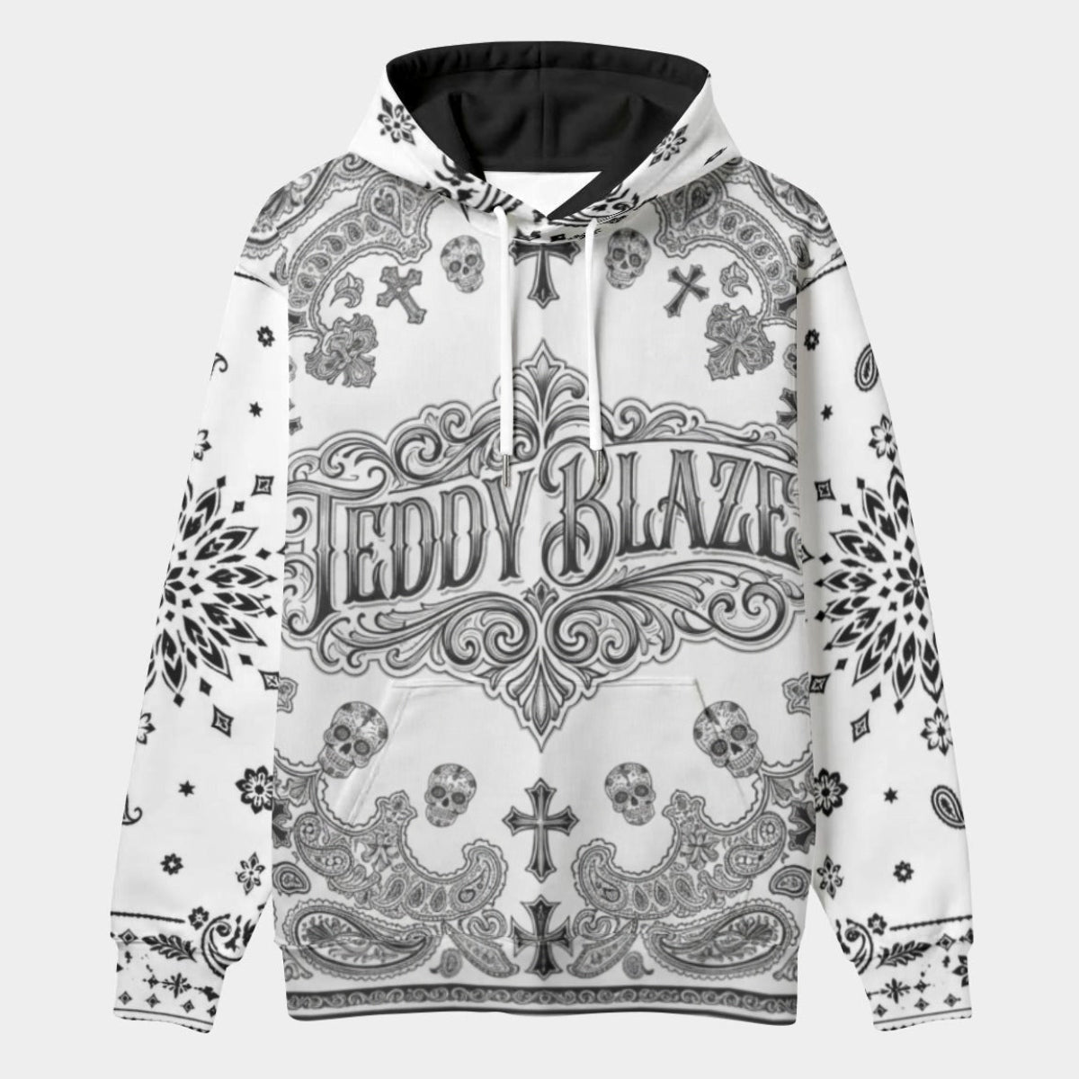 Elevate your active streetwear with the House of Teddy Blaze Sin City Sacred Bandana Scuba Pullover Hoodie. Smooth white scuba stretch fabric, black bandana print, skull filigree, and contrast black hood lining. Shop NYC to Vegas style.