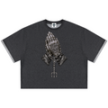 Elevate your casualwear with the Teddy Blaze Sin City Sacred Plaid-Lined Double-Face Tee. Charcoal stretch-cotton, exposed plaid trim, and tattoo praying hands print. Shop NYC to Vegas style.
