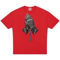 Elevate your streetwear with the Teddy Blaze Sin City Sacred Cotton Drop Shoulder Tee. Red cotton, tattoo praying hands print, and ornate back graphic. Shop NYC to Vegas style.