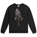 Elevate your cool-weather layers with the Teddy Blaze Sin City Sacred Cotton Jumper. Black cotton crewneck sweatshirt with tattoo praying hands and Sin City back print. Shop NYC to Vegas style.