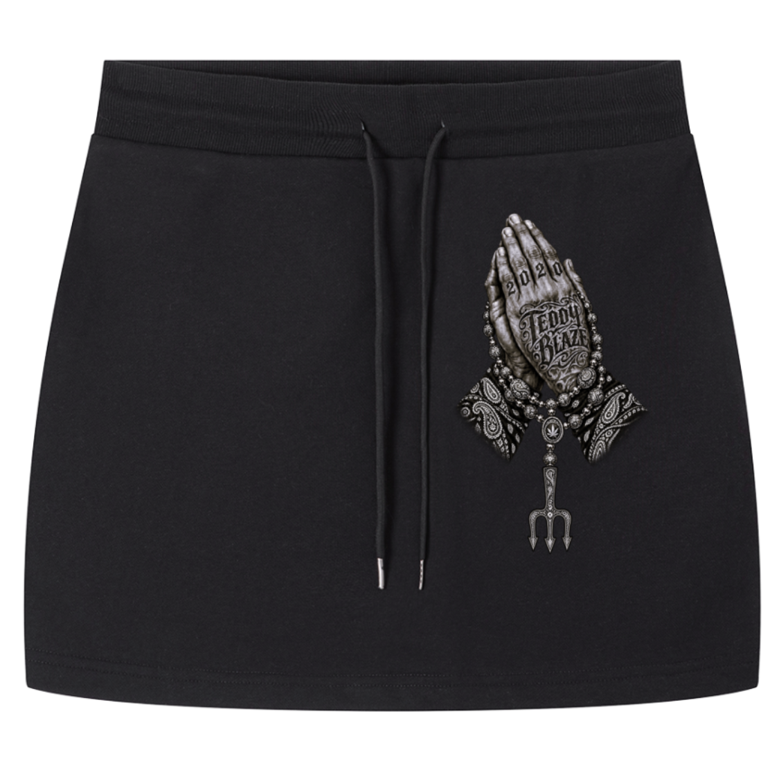 Elevate your casualwear with the Teddy Blaze Sin City Sacred Drawstring Skirt. Black fleece mini skirt, adjustable drawstrings, and tattoo praying hands graphic. Shop NYC to Vegas style.