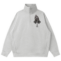 A light gray heathered quarter-zip sweatshirt with a black graphic of a praying hand holding a pitchfork on the left chest, displayed on a solid white background.