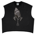 Elevate your sleeveless style with the Teddy Blaze Sin City Sacred French Terry Box Cut Tank. Black heavy French terry, frayed armholes, and tattoo praying hands print. Shop NYC to Vegas style.
