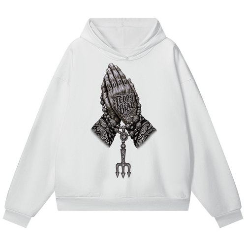 Elevate your winter outerwear with the Teddy Blaze Sin City Sacred Hidden Pocket Fleece Hoodie. Ultra-heavy 460 gsm white fleece, hidden pockets, and tattoo praying hands graphic. Shop NYC to Vegas style.
