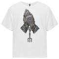 Elevate your casualwear with the Teddy Blaze Sin City Sacred Oversized Tee. Black stretch-cotton, tattoo praying hands print, and ornate back graphic. Shop NYC to Vegas style.