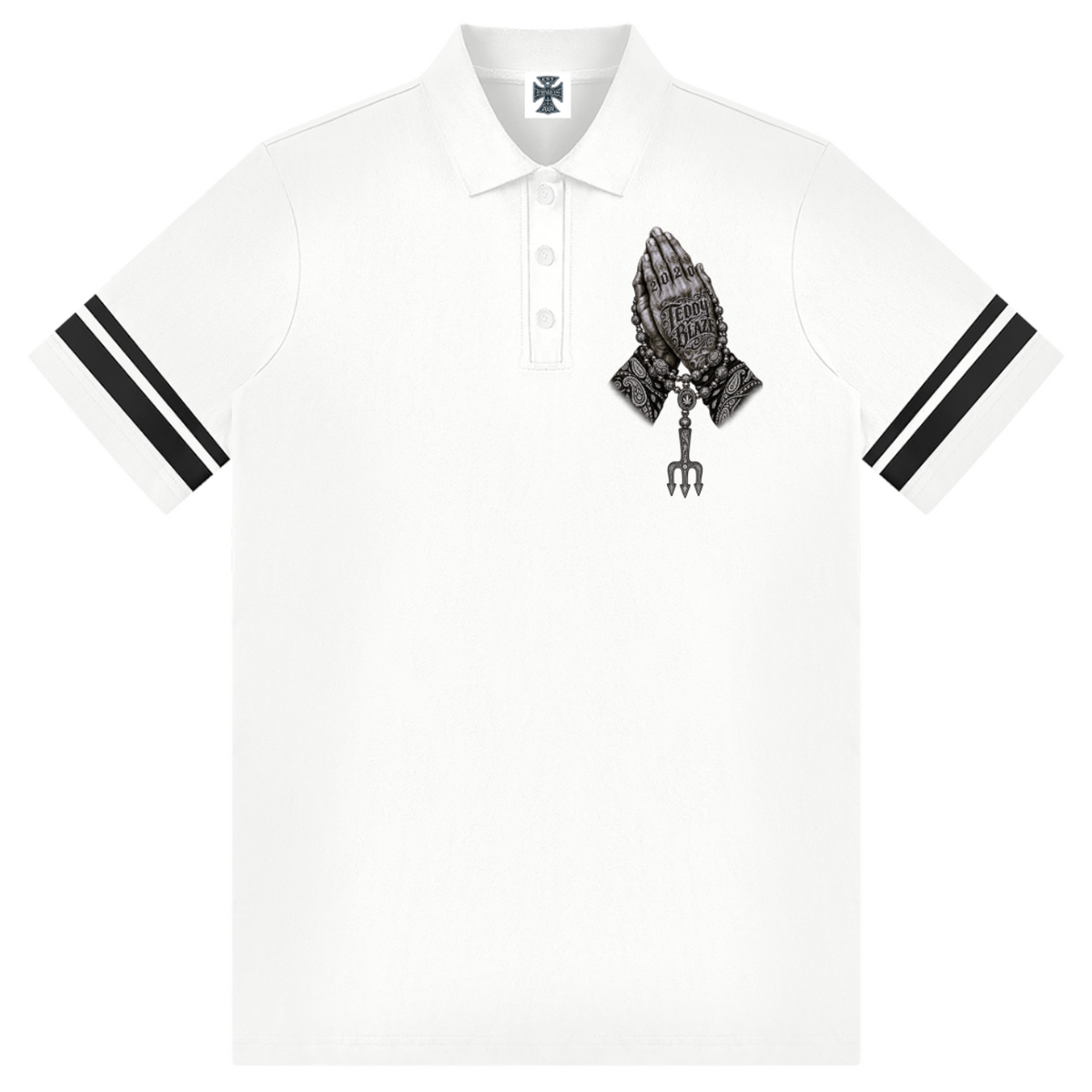 Elevate your resort style with the Teddy Blaze Sin City Sacred Striped Detail Polo Dress. White cotton-poly polo dress, stripe cuff detail, and tattoo praying hands print. Shop NYC to Vegas style.