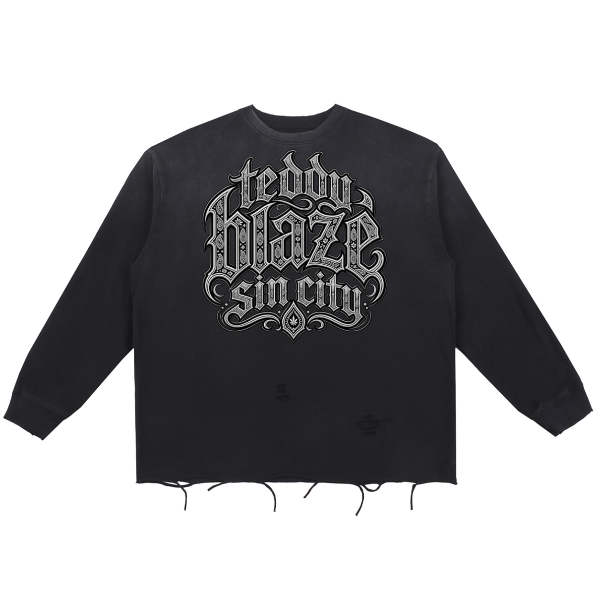 Elevate your distressed layers with the Teddy Blaze Sin City Snow Wash Raw Edge Cotton Jumper. Charcoal snow-washed cotton, raw frayed hem, and tattoo praying hands back print. Shop NYC to Vegas style.
