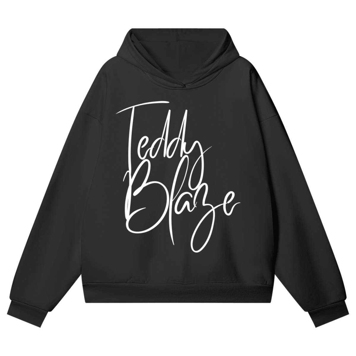 A black pullover hoodie with 'Teddy Blaze' written in a white cursive script across the chest, displayed on a clean white background.
