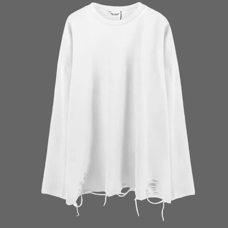 Shop the Slashed Hem Drop Shoulder Long Sleeve Tee by Teddy Blaze. Wrinkle-resistant combed cotton tee featuring raw distressed hem cutouts from THE IVY MAN.