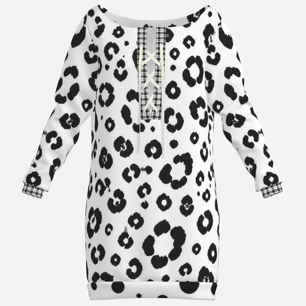 Teddy Blaze Snow Leopard Off-the-Shoulder Hip Dress in black and white with plaid neckline and cuff trim