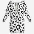 Teddy Blaze Snow Leopard Off-the-Shoulder Hip Dress in black and white with plaid neckline and cuff trim