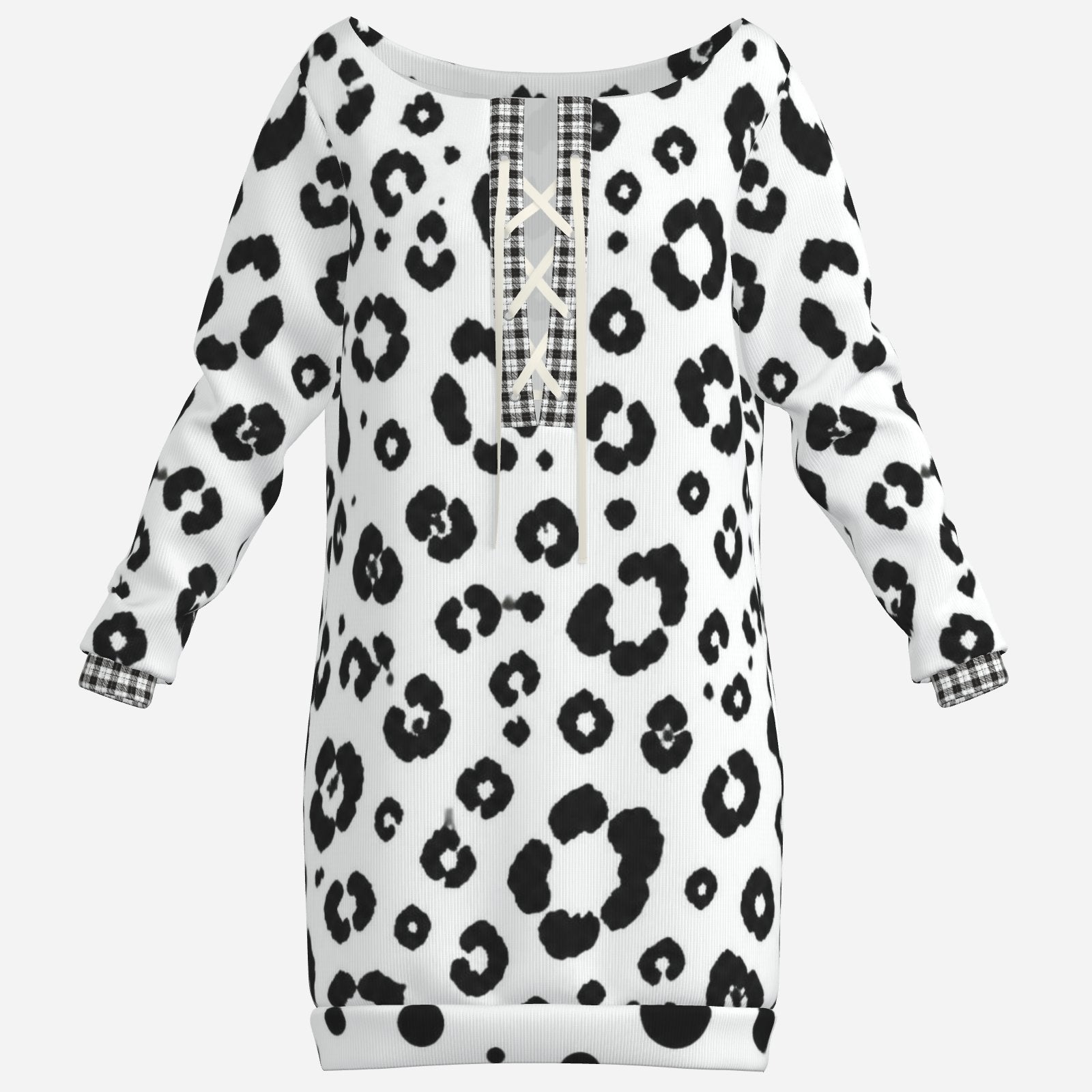 Teddy Blaze Snow Leopard Off-the-Shoulder Hip Dress in black and white with plaid neckline and cuff trim