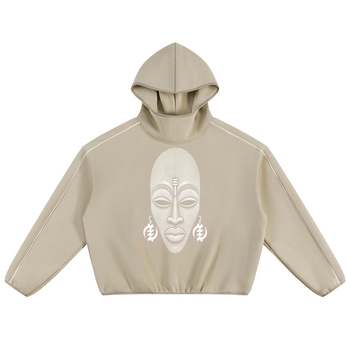 A beige cropped hoodie with a white graphic print of an African face on the front, displayed against a solid white background.