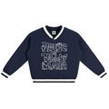 A navy blue long-sleeve varsity-style sweatshirt with white trim on the V-neck collar, cuffs, and hem, featuring the text 'House of Teddy Blaze' printed in a white outline font across the chest.