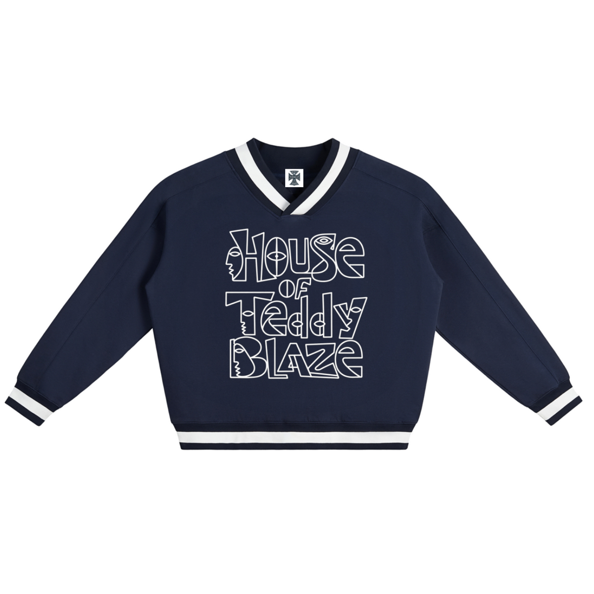 A navy blue long-sleeve varsity-style sweatshirt with white trim on the V-neck collar, cuffs, and hem, featuring the text 'House of Teddy Blaze' printed in a white outline font across the chest.
