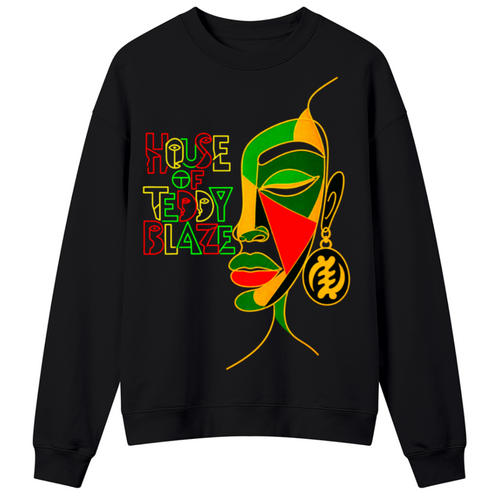 A black crewneck sweatshirt featuring a graphic print of a stylized African face in green, red, and yellow, alongside the text 'HOUSE OF TEDDY BLAZE' in a matching color scheme, shown against a plain white background.