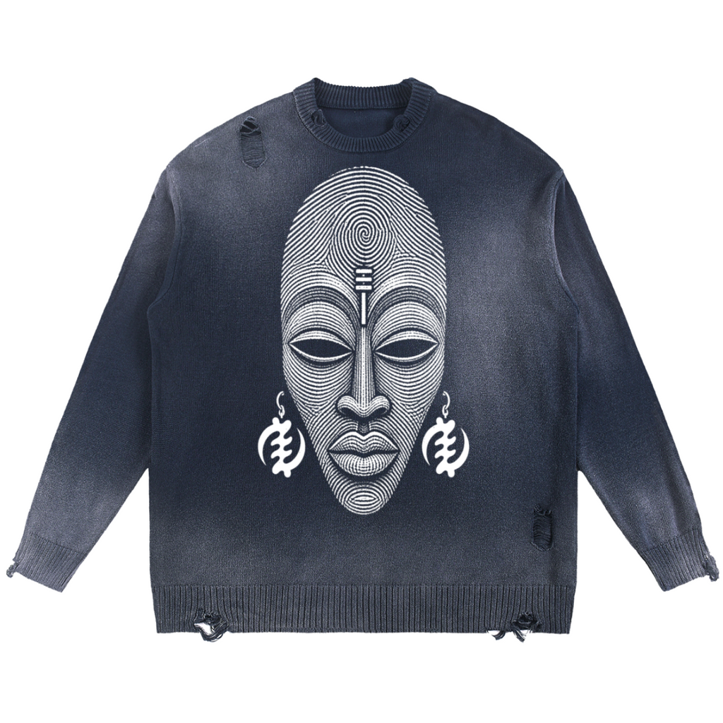 A dark gray distressed crewneck sweater featuring a large white graphic of an African mask with earrings on the front, set against a plain white background.