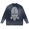 A dark gray distressed crewneck sweater featuring a large white graphic of an African mask with earrings on the front, set against a plain white background.