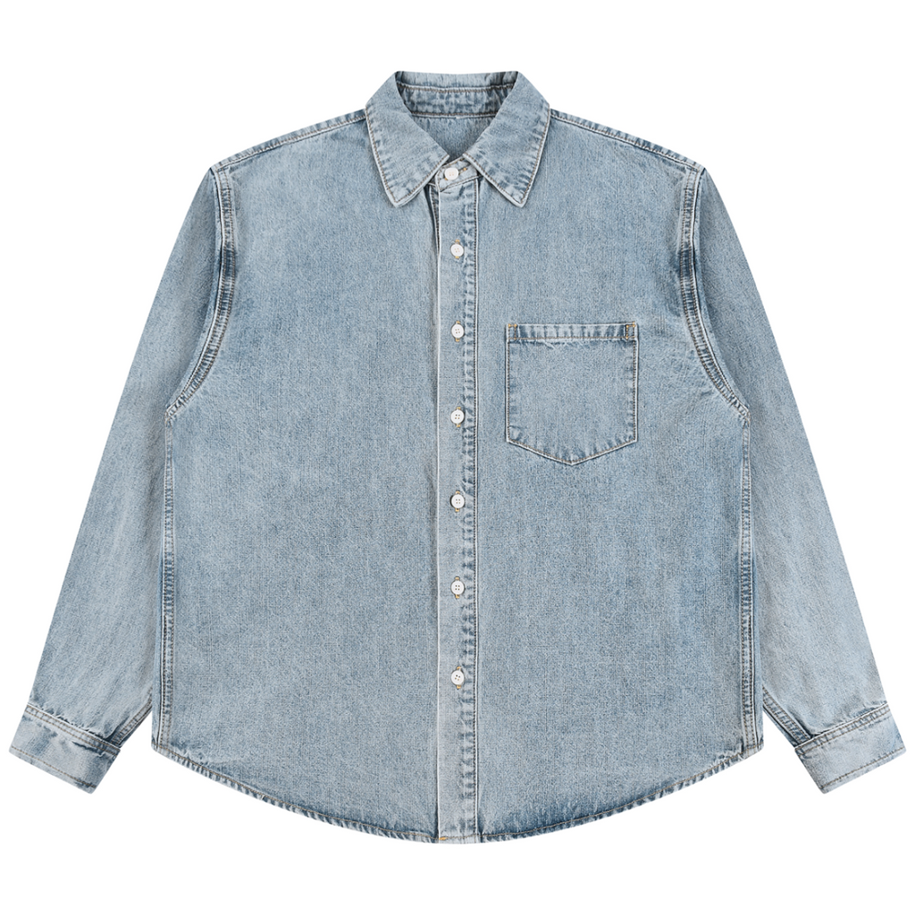 A light blue denim long-sleeve button-up shirt with a chest pocket, photographed flat against a solid white background.