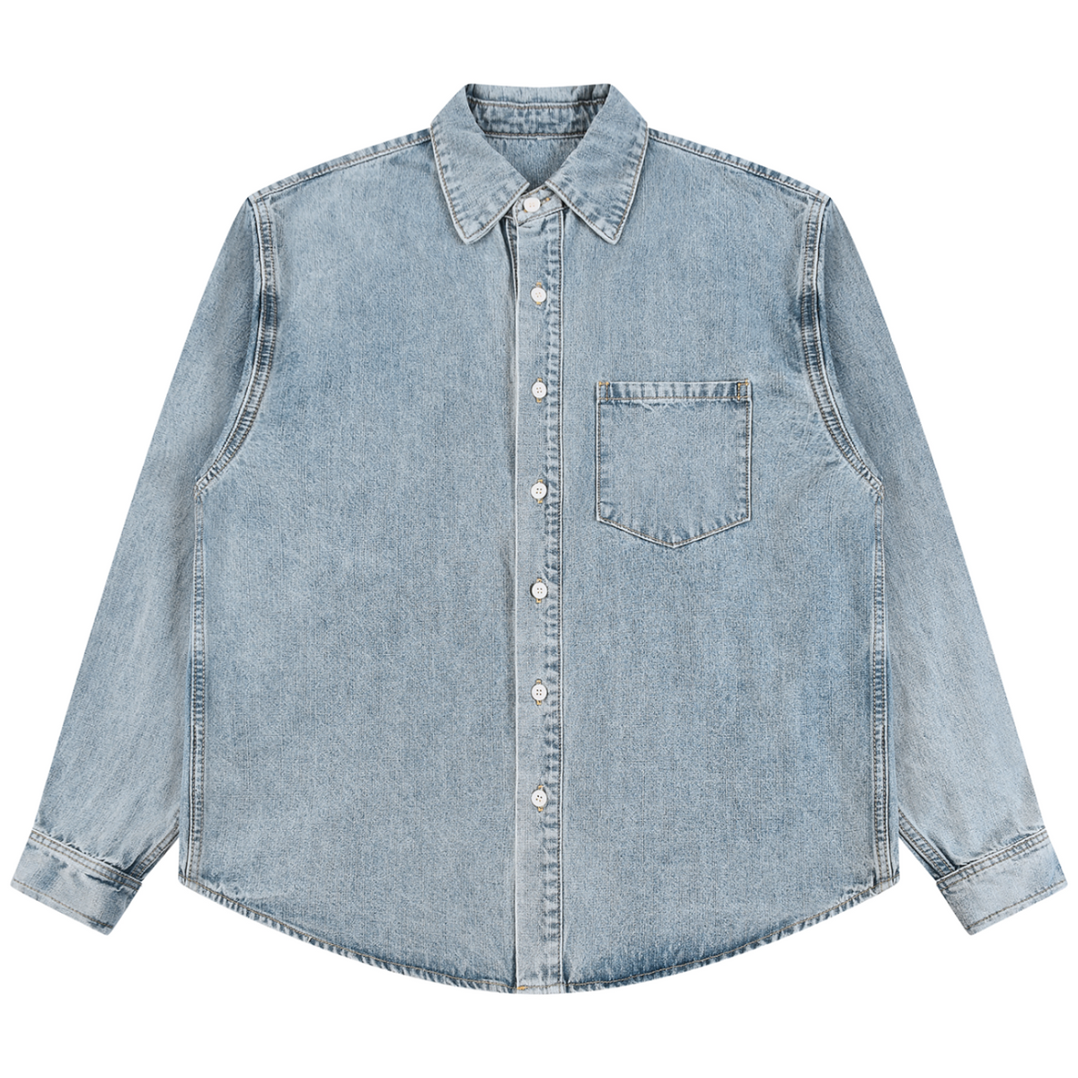 A light blue denim long-sleeve button-up shirt with a chest pocket, photographed flat against a solid white background.