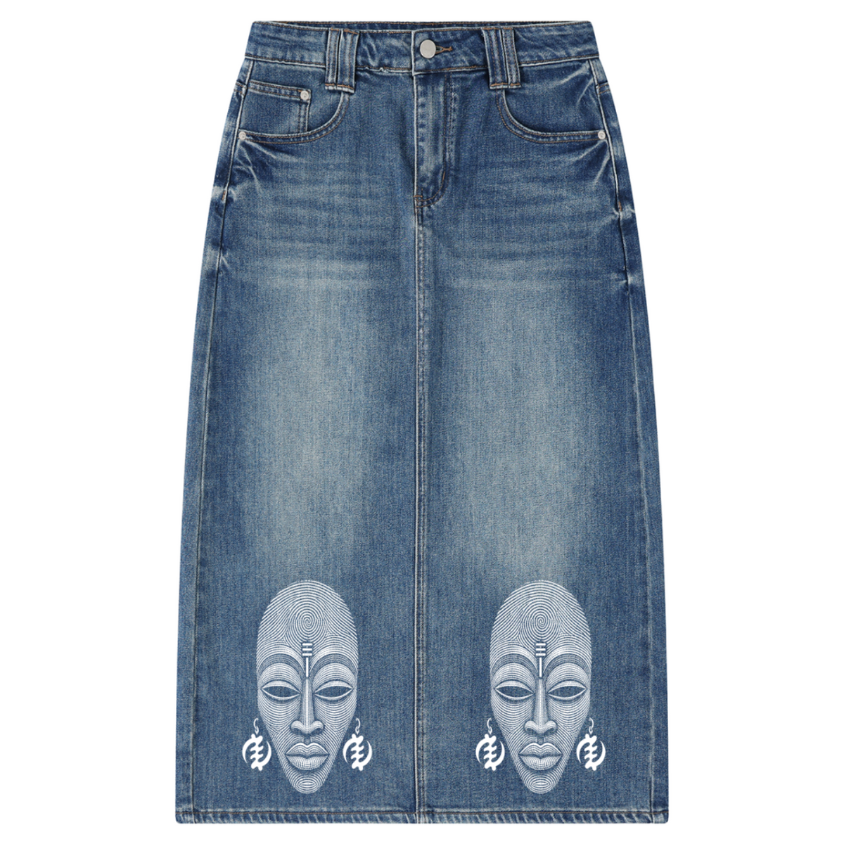 A medium wash blue denim skirt with two large white printed African face masks on the lower front, displayed flat against a white background.