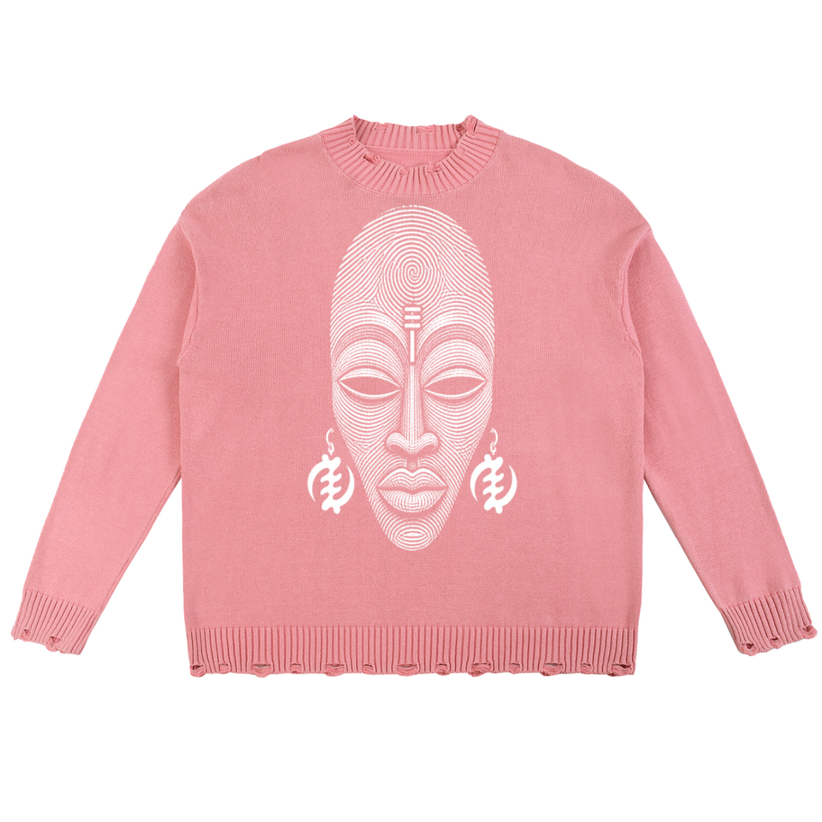 A pink crewneck sweater featuring a large white graphic of an African face with earrings on the front, displayed flat against a white background.