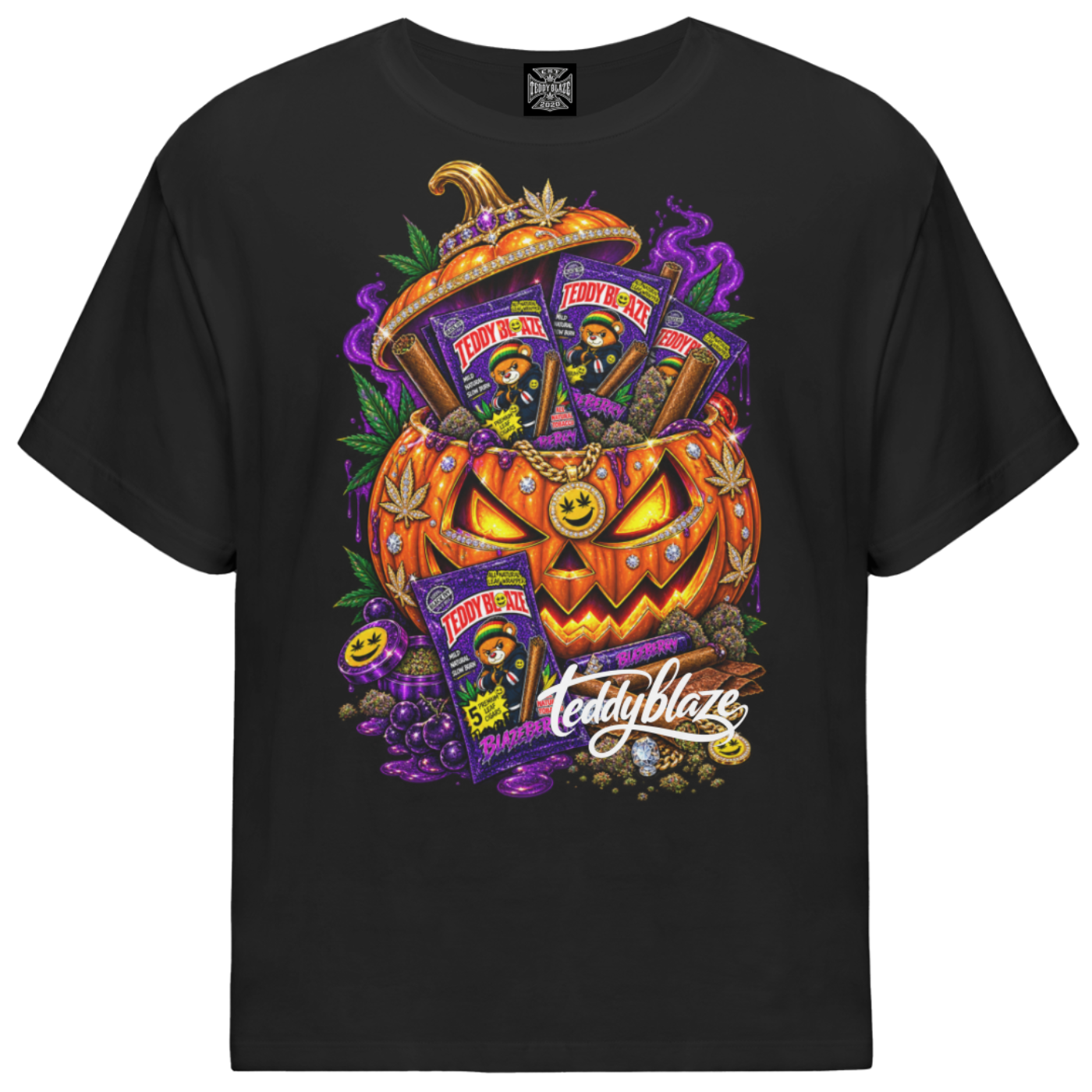 Shop the Spliff or Treat Gateway Tee by Teddy Blaze. 180 GSM stretch-cotton loose-fit black graphic t-shirt with pumpkin wrap artwork from GATEWAY TEES.