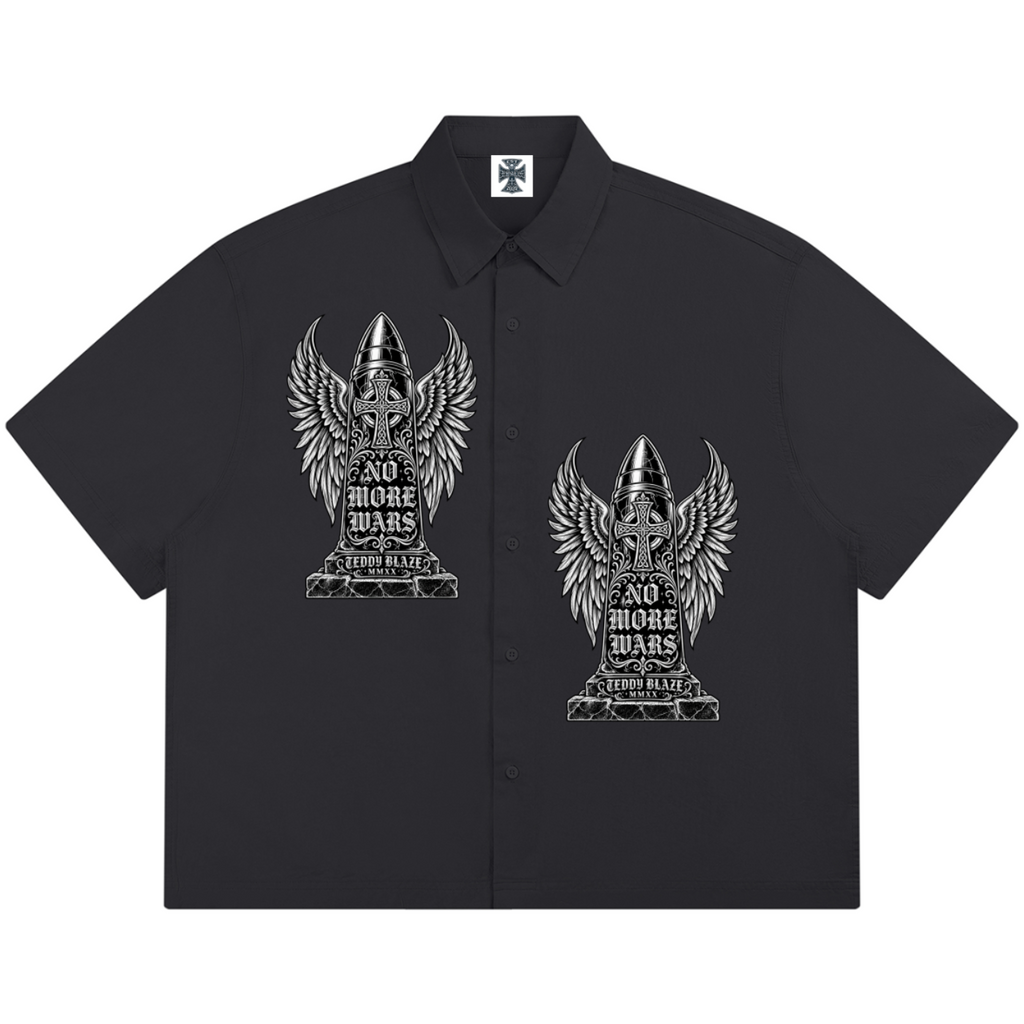 Elevate your warm-weather wardrobe with the House of Teddy Blaze Statement Box Cut Cotton Camp Shirt. Sky blue 140 gsm pure cotton, point collar, button front, and bold star block typography. Shop NYC to Vegas style.