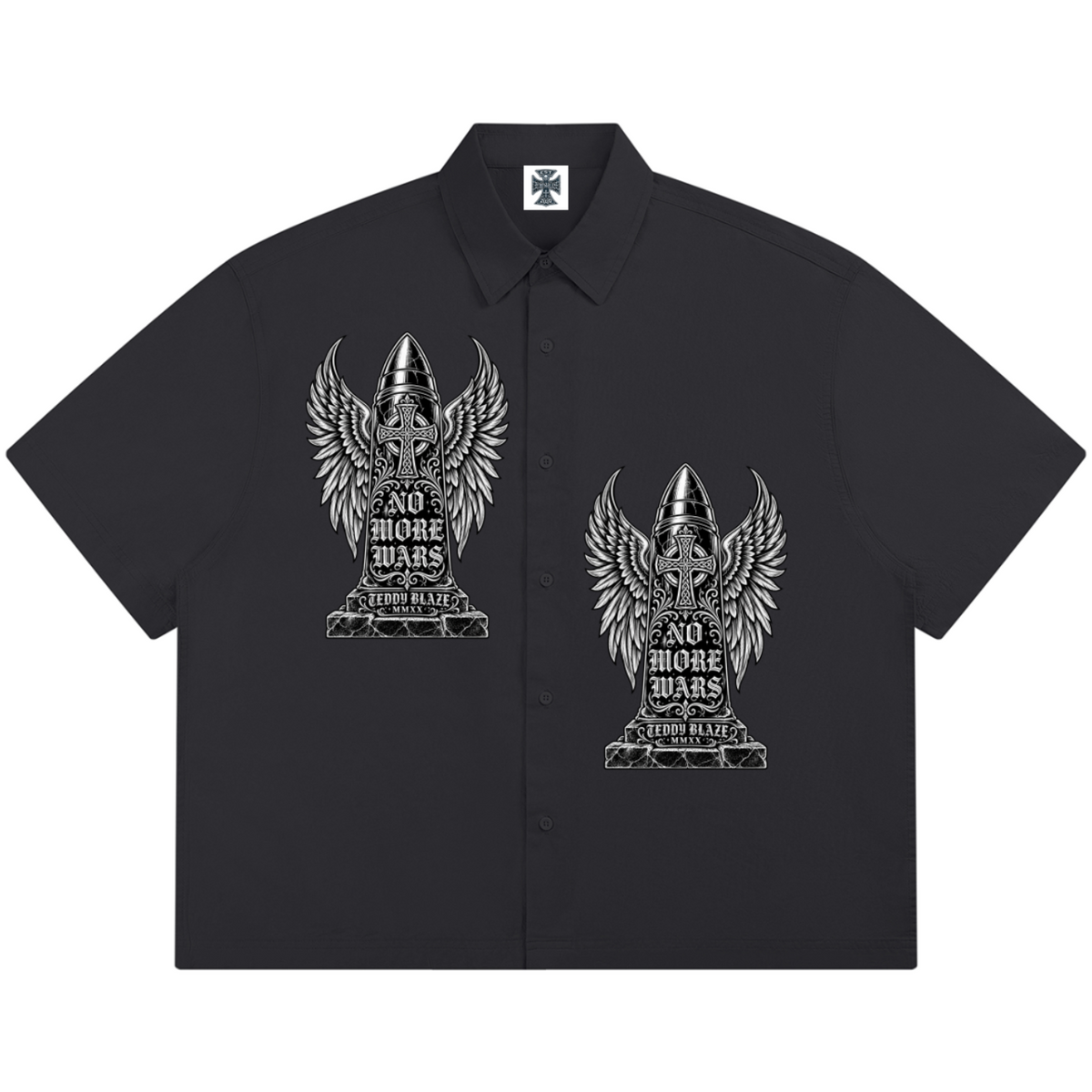 Elevate your warm-weather wardrobe with the House of Teddy Blaze Statement Box Cut Cotton Camp Shirt. Sky blue 140 gsm pure cotton, point collar, button front, and bold star block typography. Shop NYC to Vegas style.