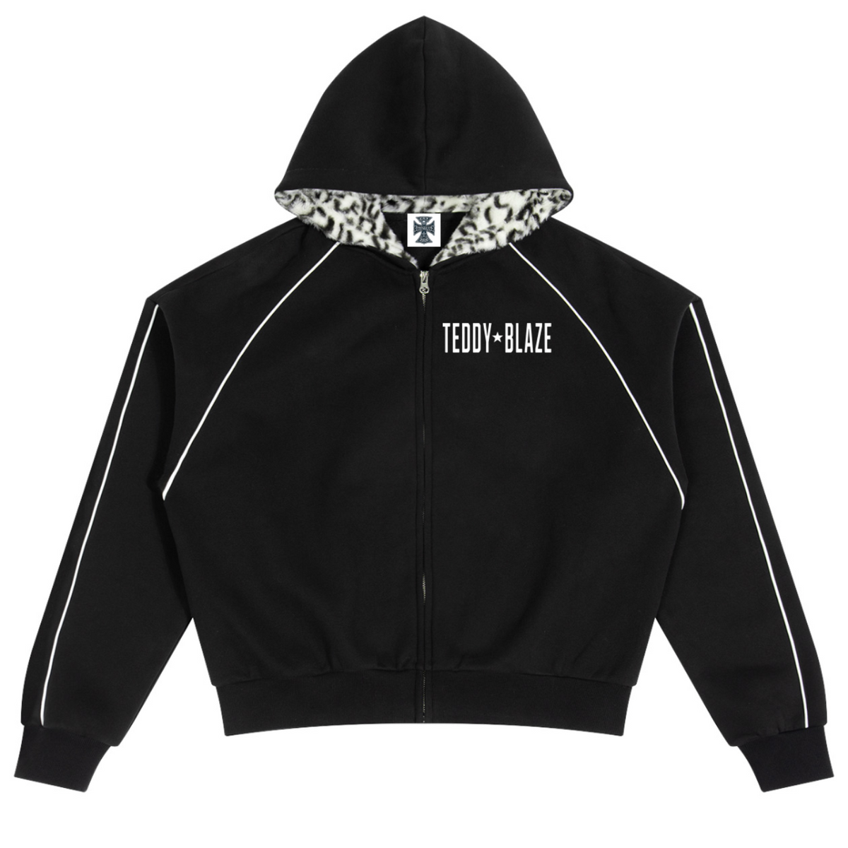 Elevate your statement outerwear with the House of Teddy Blaze Statement Piping + Leopard Detail Fleece Zip Hoodie. Crimson red 305 gsm fleece, contrast white piping, leopard faux fur hood lining, and bold star block typography. Shop NYC to Vegas style.